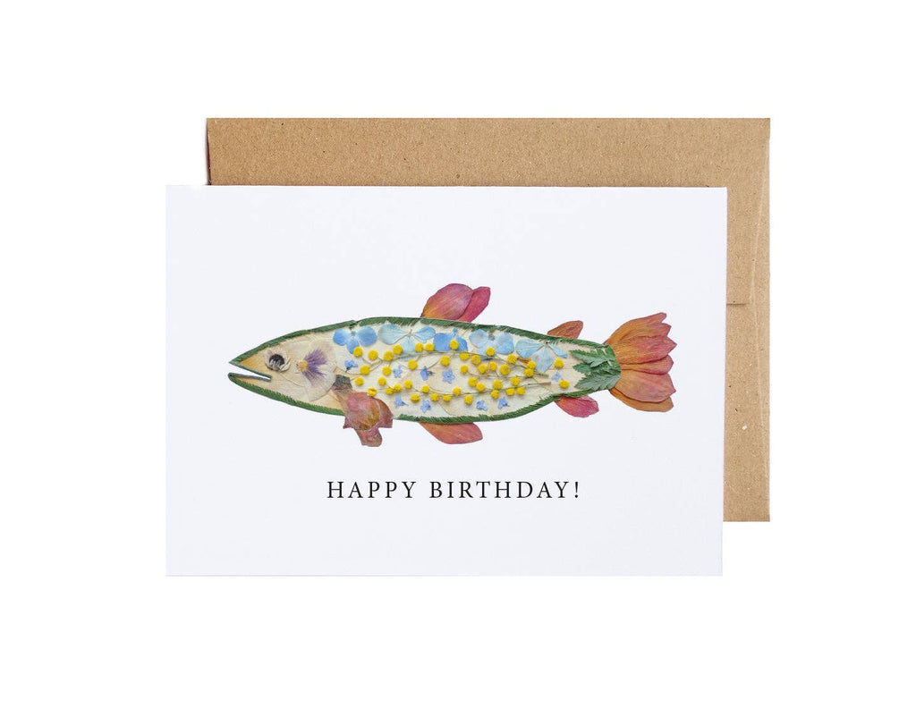 Happy Birthday Fish, Pressed Flower Trout Greeting Card