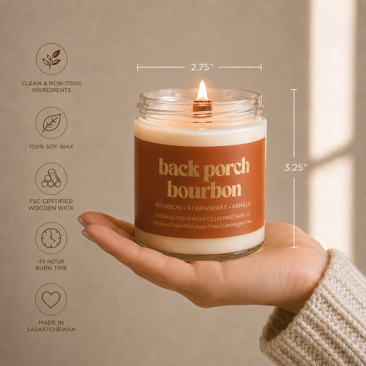 Back Porch Bourbon Non-Toxic Soy Wax Candle