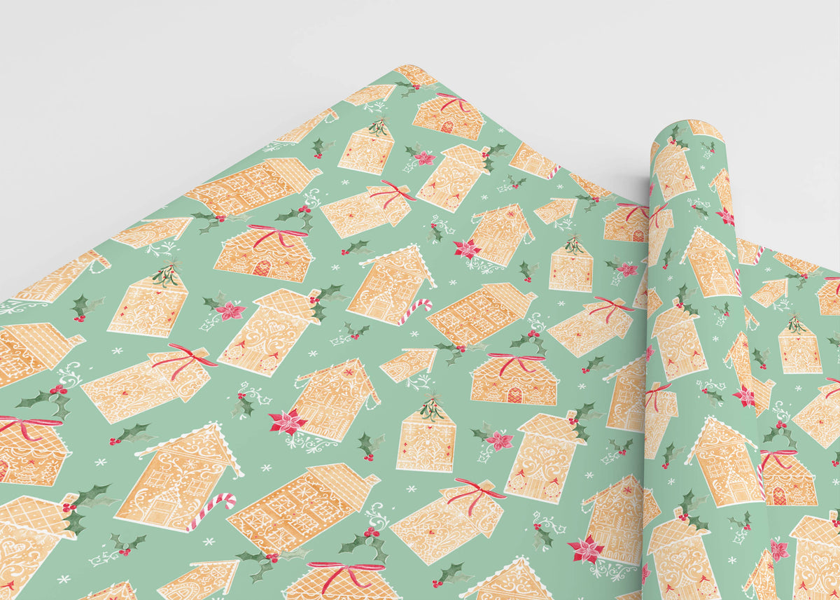 Green Gingerbread Land Christmas Gift Wrap: Single Sheet